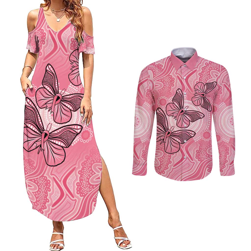 Personalized Pink Butterfly Spirit Couples Matching Summer Maxi Dress and Long Sleeve Button Shirt Australia’s Breast Cancer Awareness - Aussie Hoodie