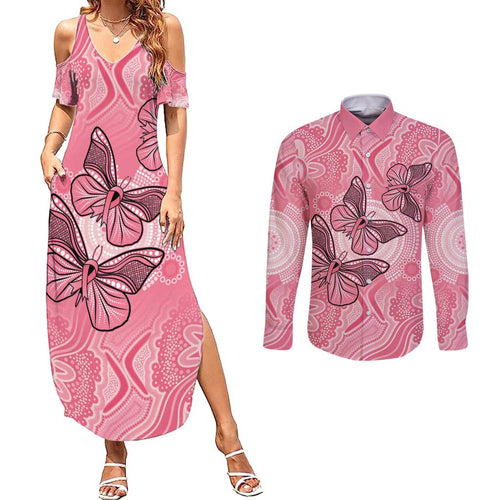 Personalized Pink Butterfly Spirit Couples Matching Summer Maxi Dress and Long Sleeve Button Shirt Australia’s Breast Cancer Awareness - Aussie Hoodie