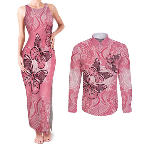 Personalized Pink Butterfly Spirit Couples Matching Tank Maxi Dress and Long Sleeve Button Shirt Australia’s Breast Cancer Awareness - Aussie Hoodie