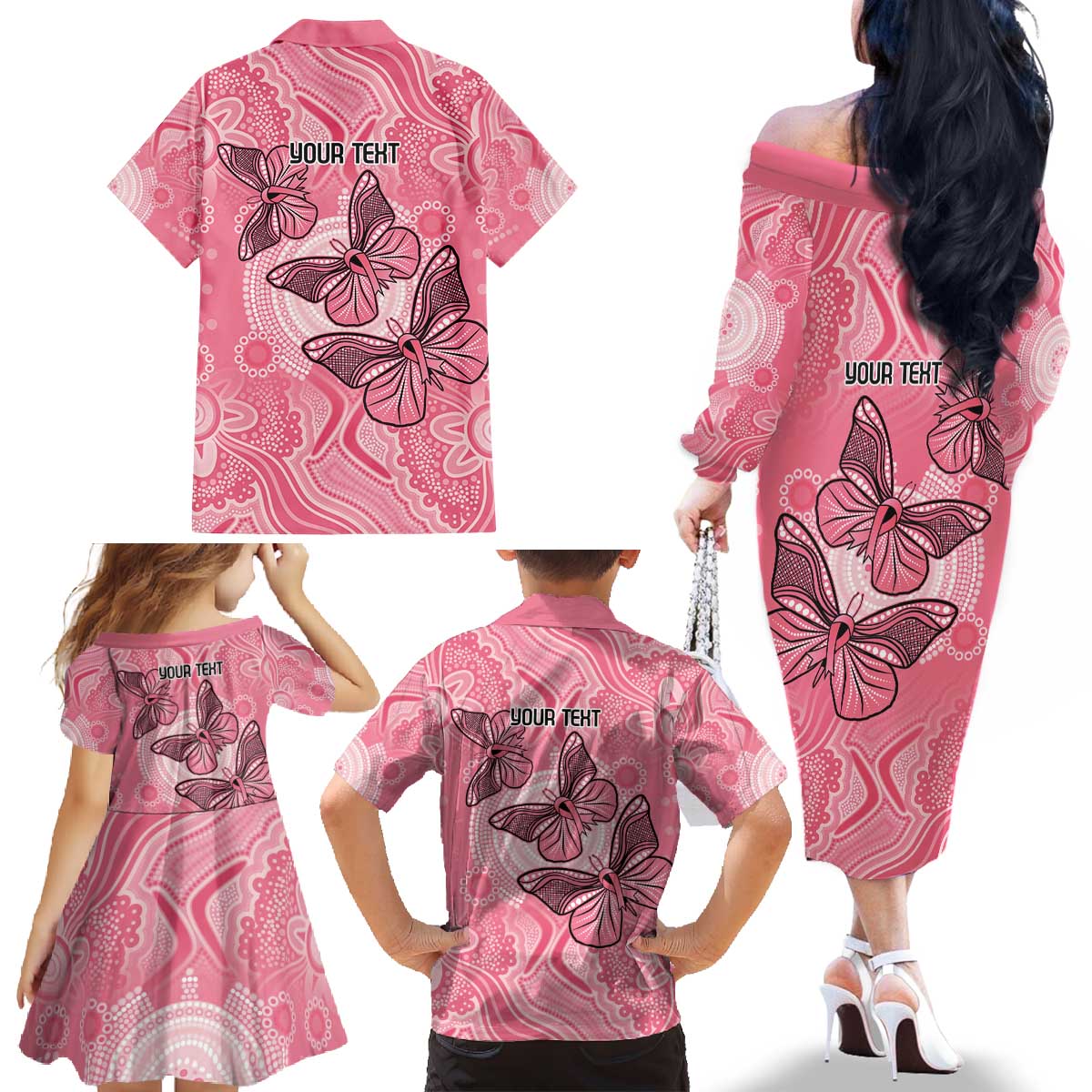 Personalized Pink Butterfly Spirit Family Matching Off The Shoulder Long Sleeve Dress and Hawaiian Shirt Australia’s Breast Cancer Awareness - Aussie Hoodie
