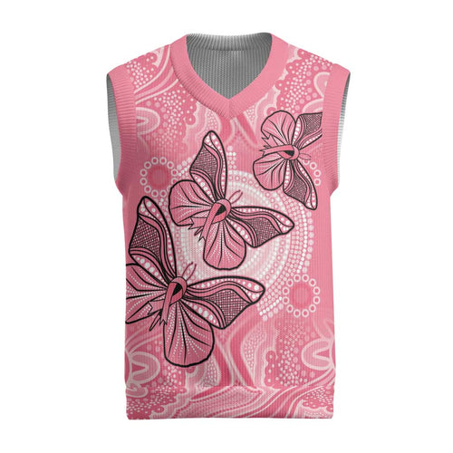 Personalized Pink Butterfly Spirit Christmas Knitted V-Neck Vest Australia’s Breast Cancer Awareness - Aussie Hoodie