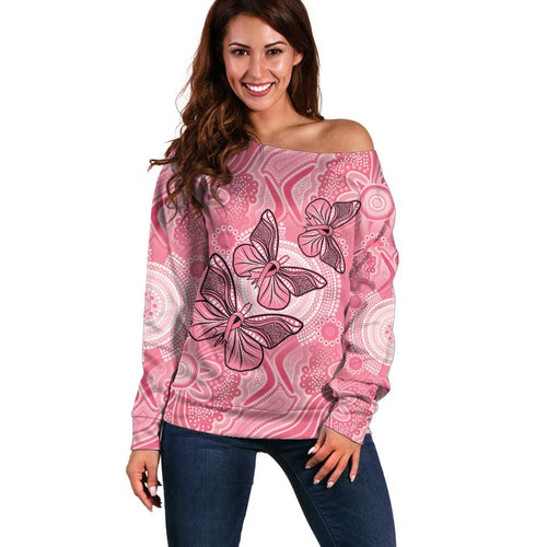 Personalized Pink Butterfly Spirit Off Shoulder Sweater Australia’s Breast Cancer Awareness - Aussie Hoodie