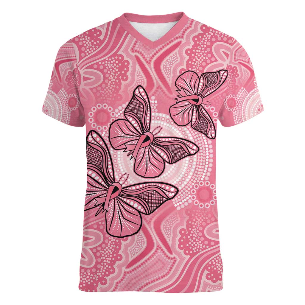 Personalized Pink Butterfly Spirit Women V-Neck T-Shirt Australia’s Breast Cancer Awareness - Aussie Hoodie