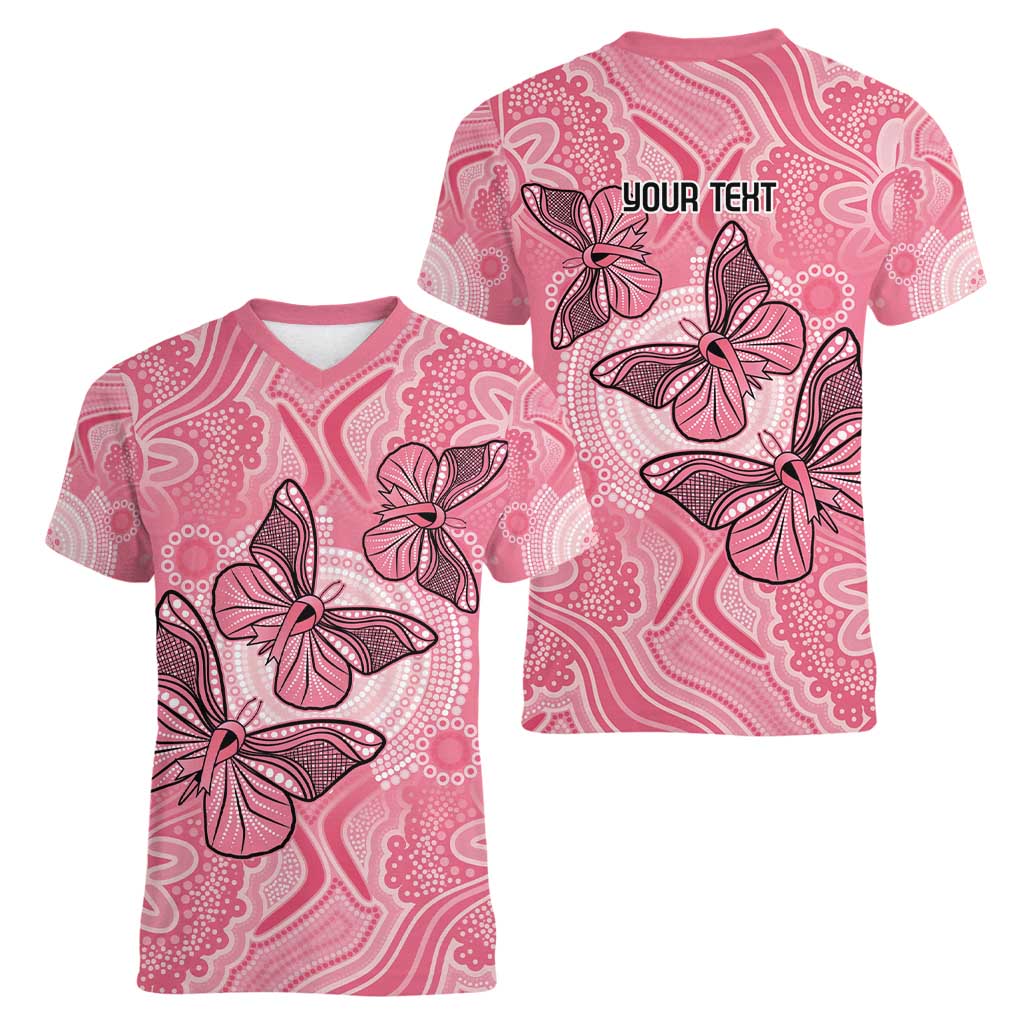 Personalized Pink Butterfly Spirit Women V-Neck T-Shirt Australia’s Breast Cancer Awareness - Aussie Hoodie