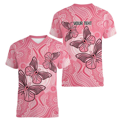 Personalized Pink Butterfly Spirit Women V-Neck T-Shirt Australia’s Breast Cancer Awareness - Aussie Hoodie