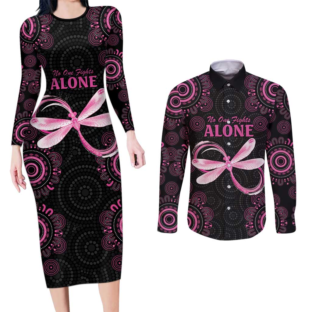 Personalized Pink Dragonfly Aboriginal of Hope Couples Matching Long Sleeve Bodycon Dress and Long Sleeve Button Shirt Australia’s Breast Cancer Awareness - Aussie Hoodie