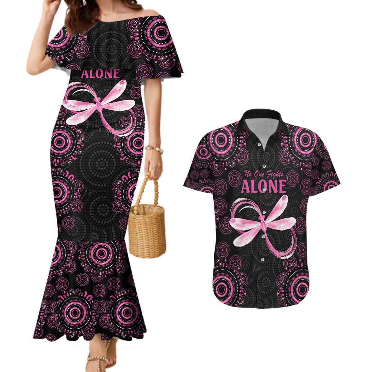 Personalized Pink Dragonfly Aboriginal of Hope Couples Matching Mermaid Dress and Hawaiian Shirt Australia’s Breast Cancer Awareness - Aussie Hoodie