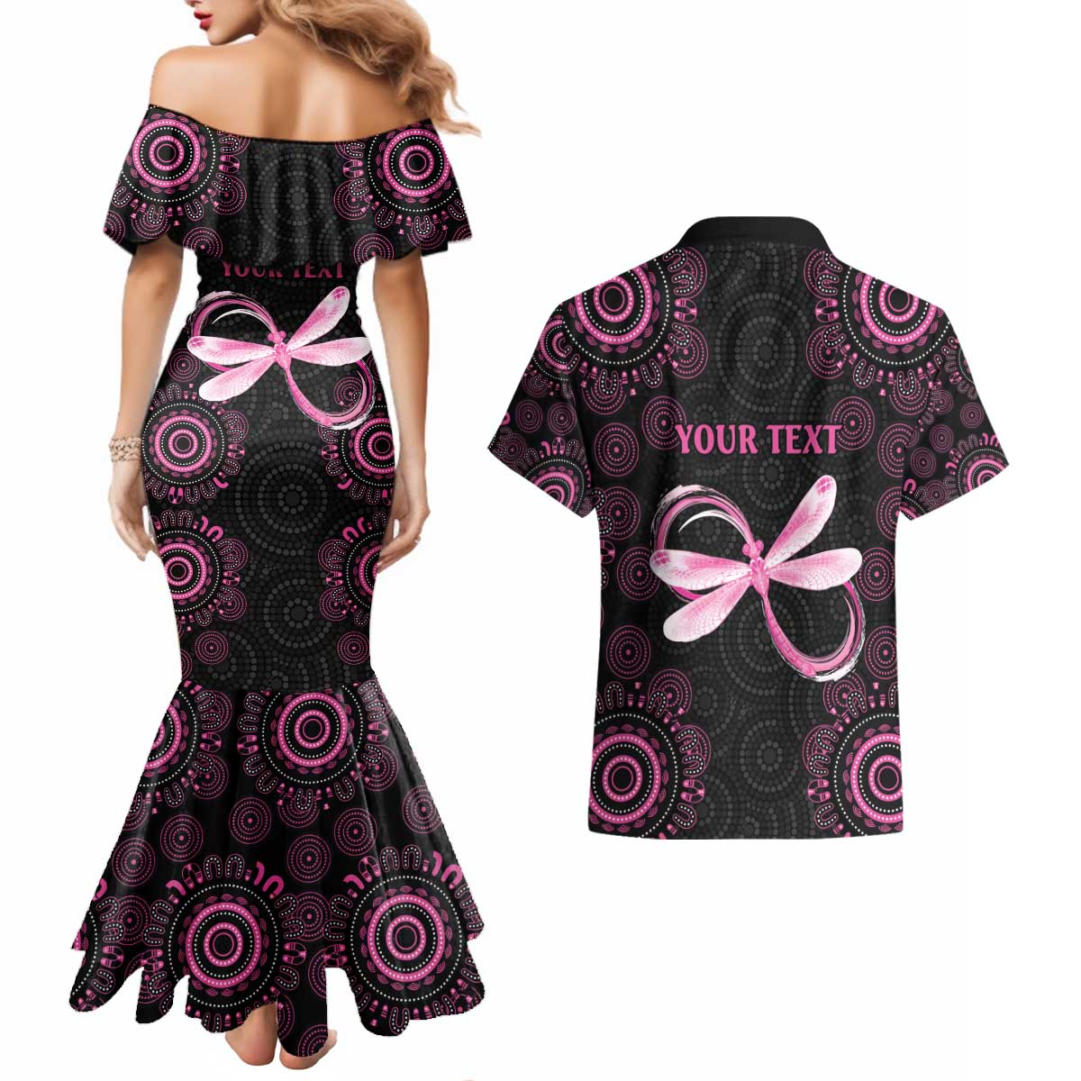 Personalized Pink Dragonfly Aboriginal of Hope Couples Matching Mermaid Dress and Hawaiian Shirt Australia’s Breast Cancer Awareness - Aussie Hoodie