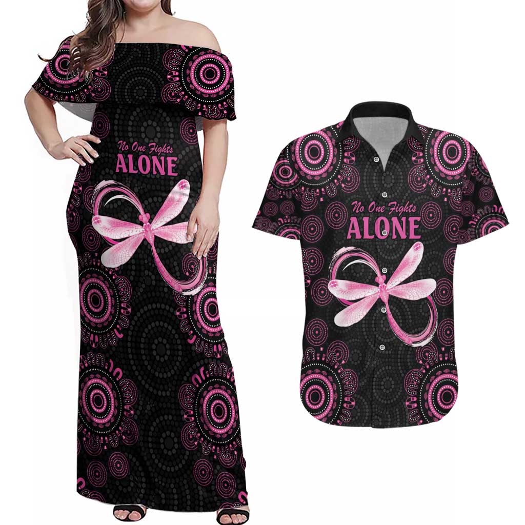 Personalized Pink Dragonfly Aboriginal of Hope Couples Matching Off Shoulder Maxi Dress and Hawaiian Shirt Australia’s Breast Cancer Awareness - Aussie Hoodie