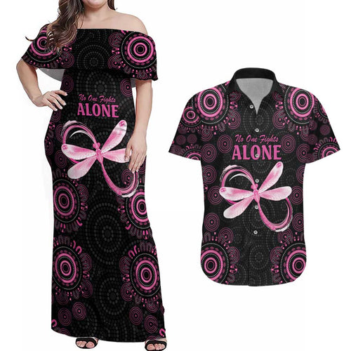 Personalized Pink Dragonfly Aboriginal of Hope Couples Matching Off Shoulder Maxi Dress and Hawaiian Shirt Australia’s Breast Cancer Awareness - Aussie Hoodie