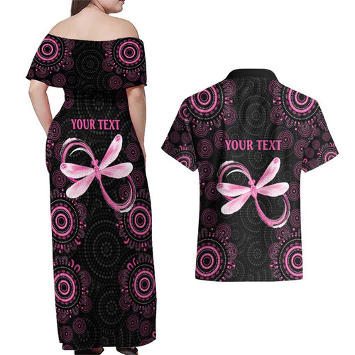 Personalized Pink Dragonfly Aboriginal of Hope Couples Matching Off Shoulder Maxi Dress and Hawaiian Shirt Australia’s Breast Cancer Awareness - Aussie Hoodie