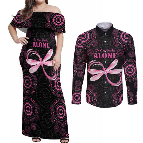 Personalized Pink Dragonfly Aboriginal of Hope Couples Matching Off Shoulder Maxi Dress and Long Sleeve Button Shirt Australia’s Breast Cancer Awareness - Aussie Hoodie