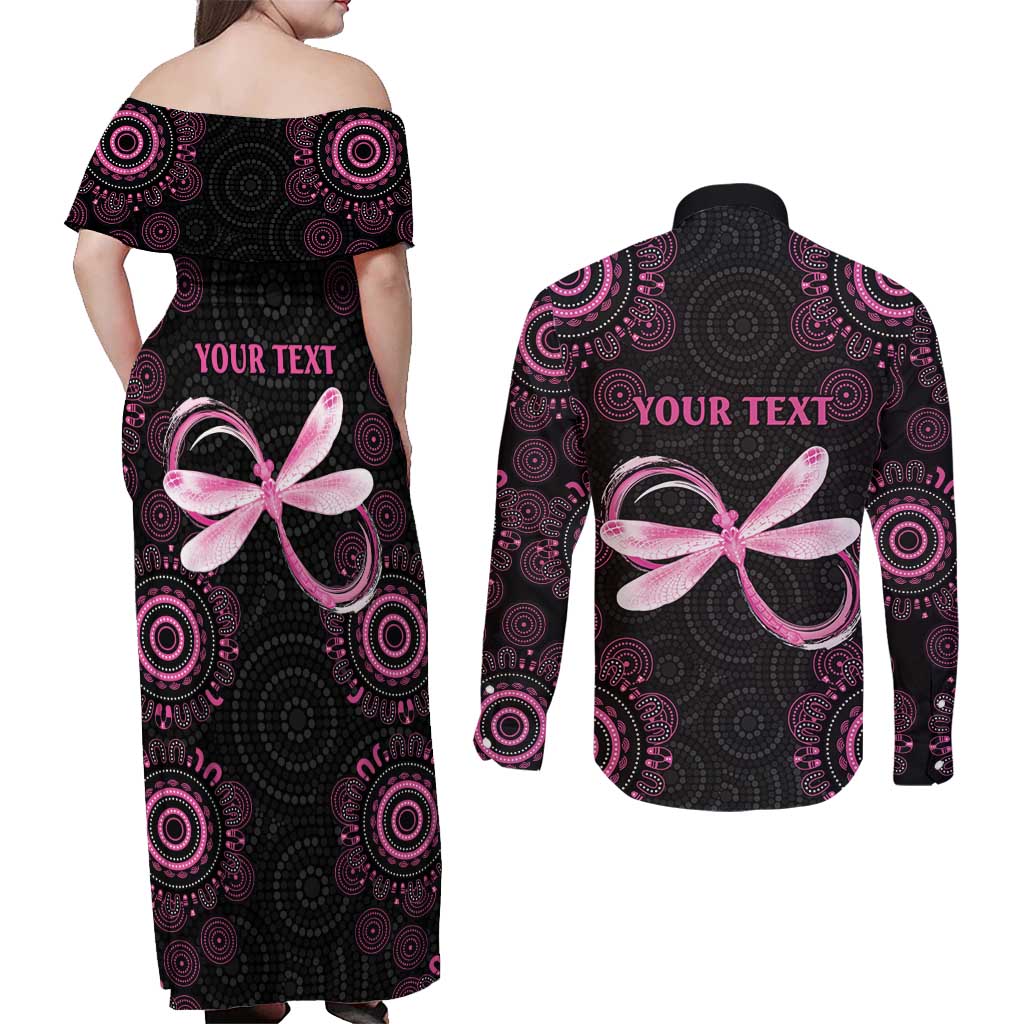 Personalized Pink Dragonfly Aboriginal of Hope Couples Matching Off Shoulder Maxi Dress and Long Sleeve Button Shirt Australia’s Breast Cancer Awareness - Aussie Hoodie