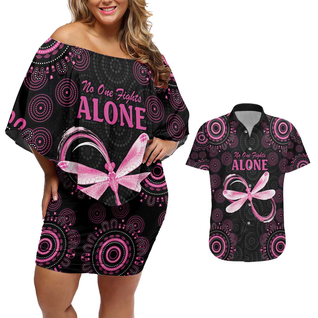 Personalized Pink Dragonfly Aboriginal of Hope Couples Matching Off Shoulder Short Dress and Hawaiian Shirt Australia’s Breast Cancer Awareness - Aussie Hoodie