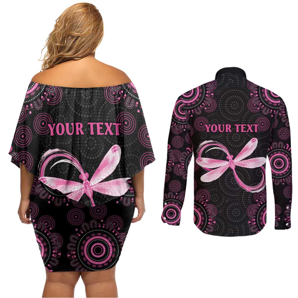 Personalized Pink Dragonfly Aboriginal of Hope Couples Matching Off Shoulder Short Dress and Long Sleeve Button Shirt Australia’s Breast Cancer Awareness - Aussie Hoodie