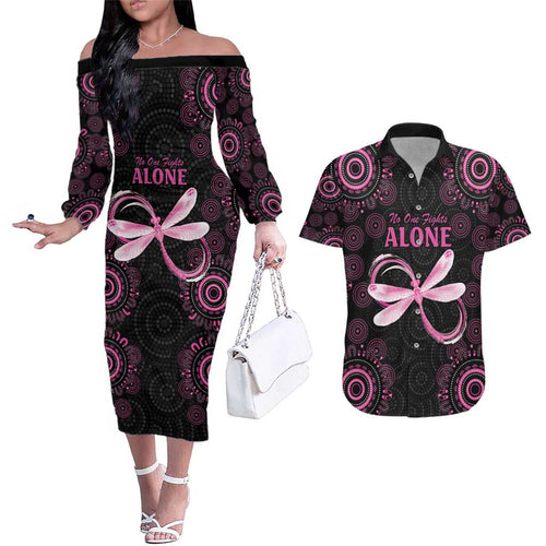 Personalized Pink Dragonfly Aboriginal of Hope Couples Matching Off The Shoulder Long Sleeve Dress and Hawaiian Shirt Australia’s Breast Cancer Awareness - Aussie Hoodie