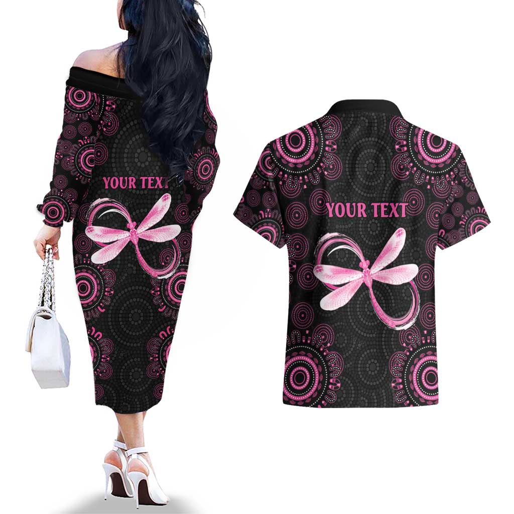 Personalized Pink Dragonfly Aboriginal of Hope Couples Matching Off The Shoulder Long Sleeve Dress and Hawaiian Shirt Australia’s Breast Cancer Awareness - Aussie Hoodie