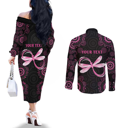 Personalized Pink Dragonfly Aboriginal of Hope Couples Matching Off The Shoulder Long Sleeve Dress and Long Sleeve Button Shirt Australia’s Breast Cancer Awareness - Aussie Hoodie