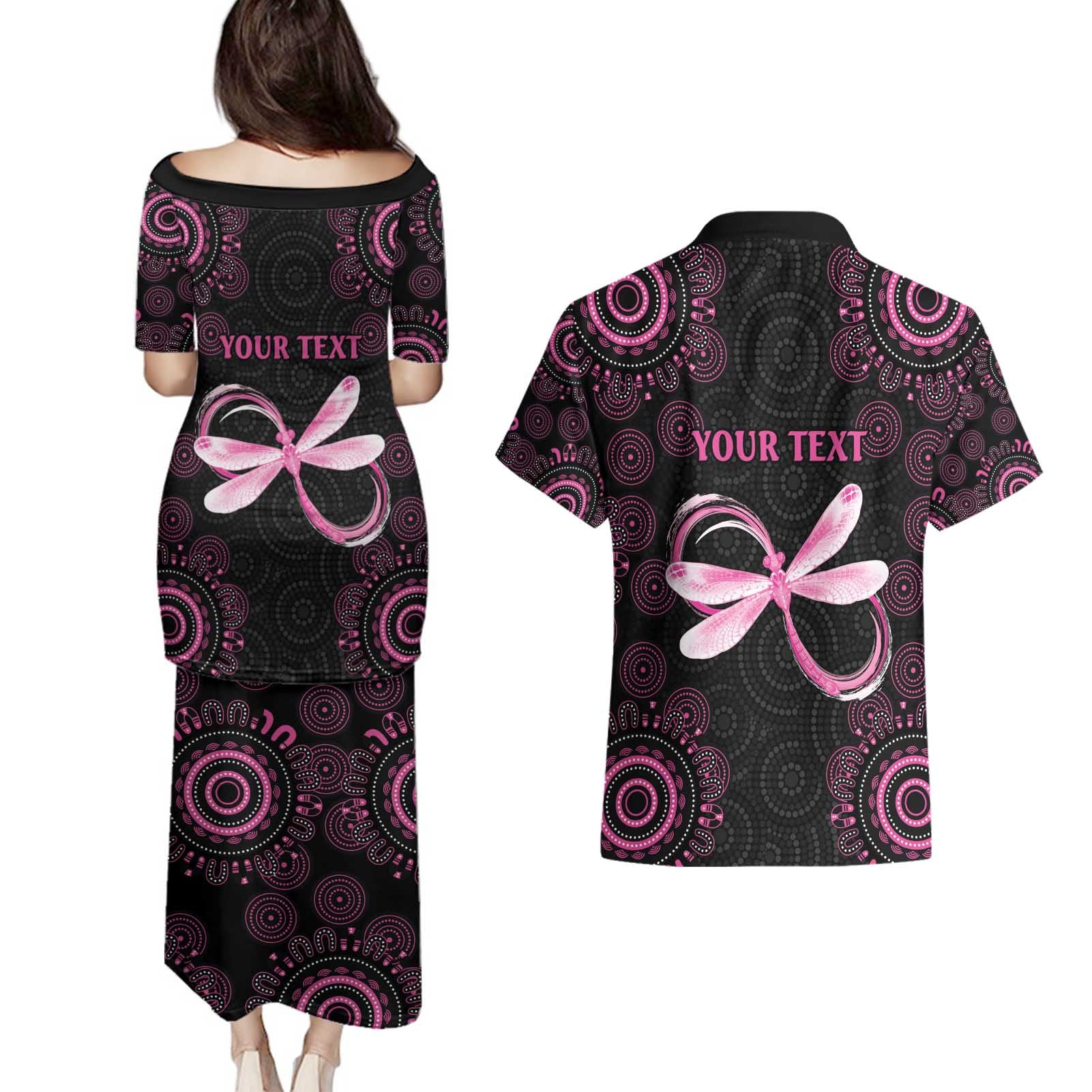 Personalized Pink Dragonfly Aboriginal of Hope Couples Matching Puletasi and Hawaiian Shirt Australia’s Breast Cancer Awareness - Aussie Hoodie