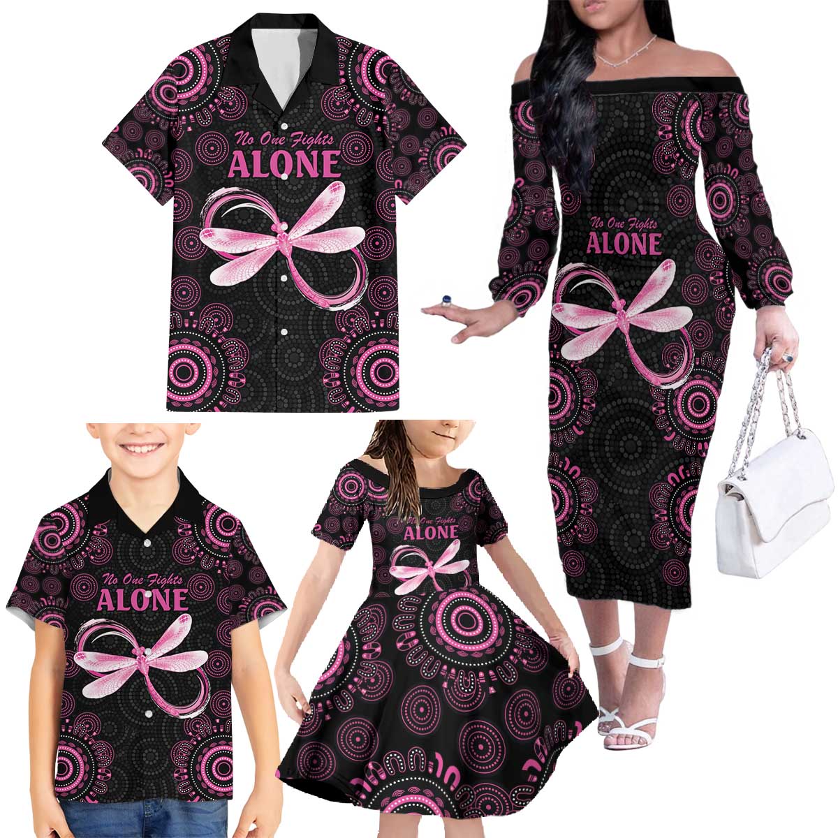 Personalized Pink Dragonfly Aboriginal of Hope Family Matching Off The Shoulder Long Sleeve Dress and Hawaiian Shirt Australia’s Breast Cancer Awareness - Aussie Hoodie