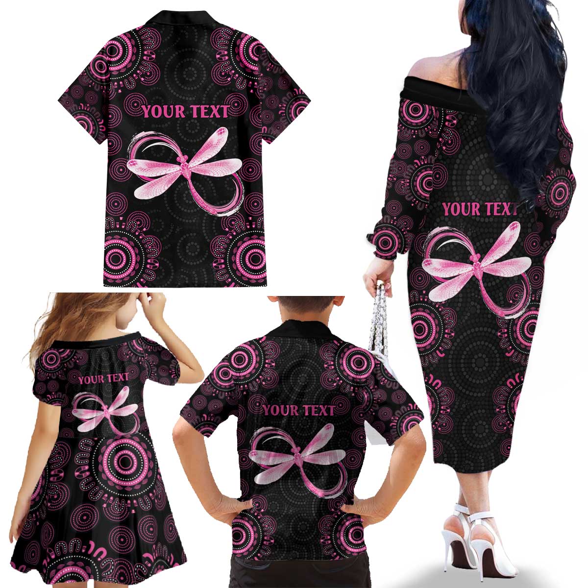 Personalized Pink Dragonfly Aboriginal of Hope Family Matching Off The Shoulder Long Sleeve Dress and Hawaiian Shirt Australia’s Breast Cancer Awareness - Aussie Hoodie