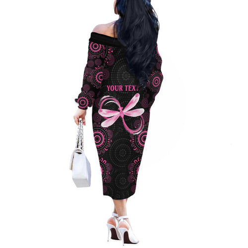 Personalized Pink Dragonfly Aboriginal of Hope Off The Shoulder Long Sleeve Dress Australia’s Breast Cancer Awareness - Aussie Hoodie