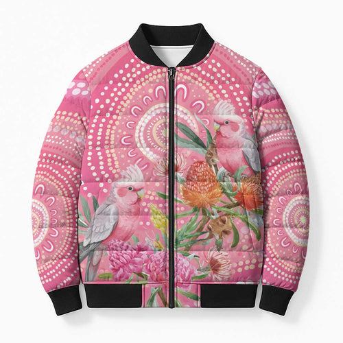 Personalized Pink Galah Aboriginal Dot Art Bomber Puffer Jacket Australia’s Breast Cancer Awareness - Aussie Hoodie