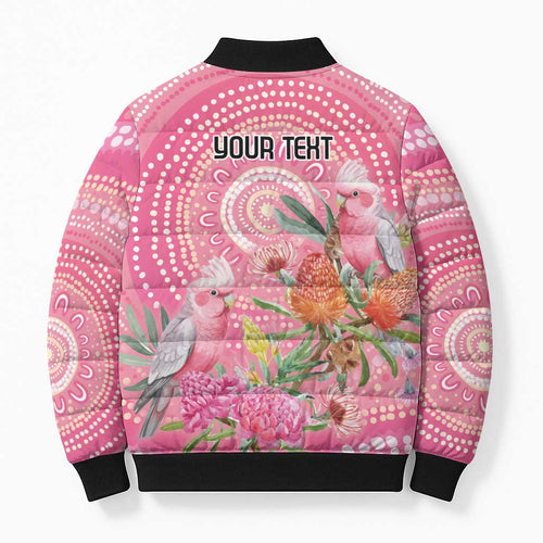 Personalized Pink Galah Aboriginal Dot Art Bomber Puffer Jacket Australia’s Breast Cancer Awareness - Aussie Hoodie