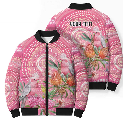 Personalized Pink Galah Aboriginal Dot Art Bomber Puffer Jacket Australia’s Breast Cancer Awareness - Aussie Hoodie
