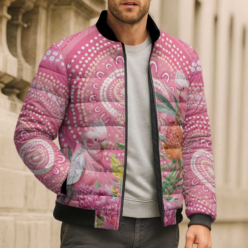 Personalized Pink Galah Aboriginal Dot Art Bomber Puffer Jacket Australia’s Breast Cancer Awareness - Aussie Hoodie