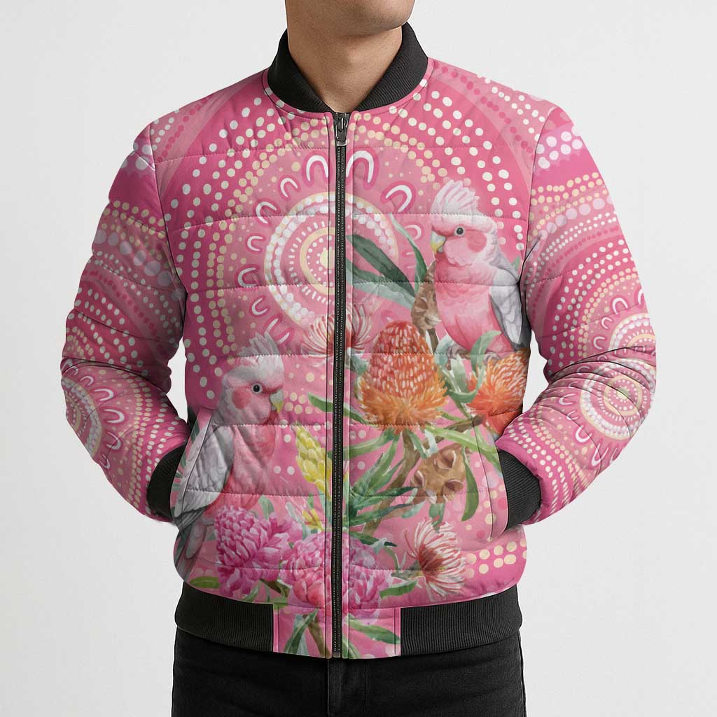 Personalized Pink Galah Aboriginal Dot Art Bomber Puffer Jacket Australia’s Breast Cancer Awareness - Aussie Hoodie