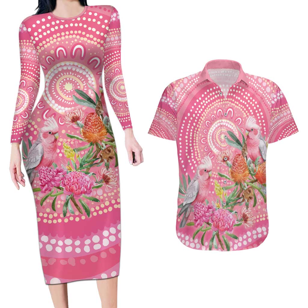 Personalized Pink Galah Aboriginal Dot Art Couples Matching Long Sleeve Bodycon Dress and Hawaiian Shirt Australia’s Breast Cancer Awareness - Aussie Hoodie