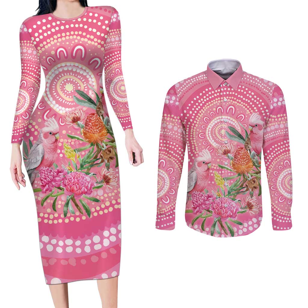 Personalized Pink Galah Aboriginal Dot Art Couples Matching Long Sleeve Bodycon Dress and Long Sleeve Button Shirt Australia’s Breast Cancer Awareness - Aussie Hoodie