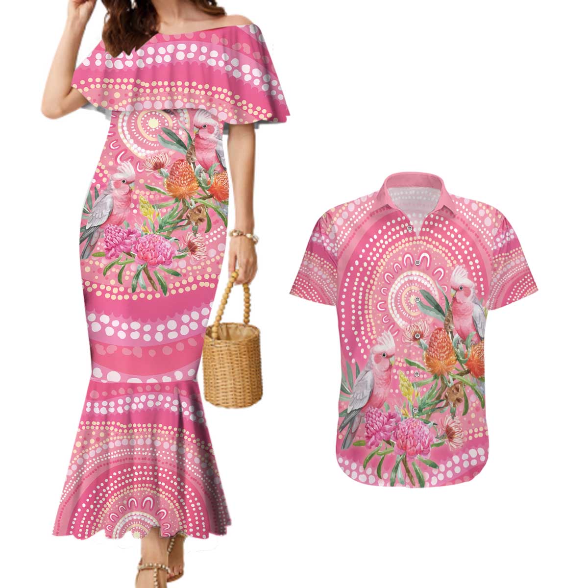 Personalized Pink Galah Aboriginal Dot Art Couples Matching Mermaid Dress and Hawaiian Shirt Australia’s Breast Cancer Awareness - Aussie Hoodie