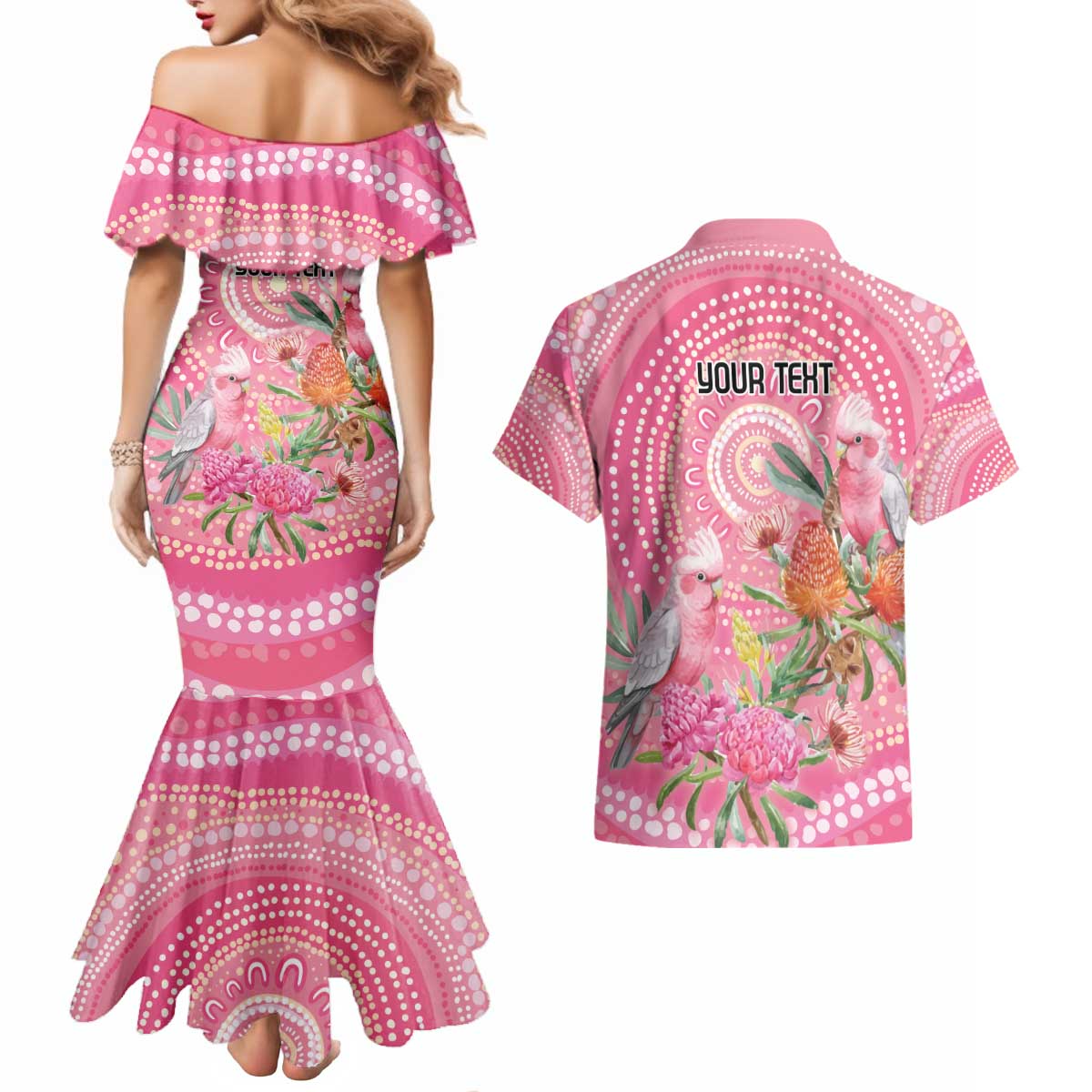 Personalized Pink Galah Aboriginal Dot Art Couples Matching Mermaid Dress and Hawaiian Shirt Australia’s Breast Cancer Awareness - Aussie Hoodie