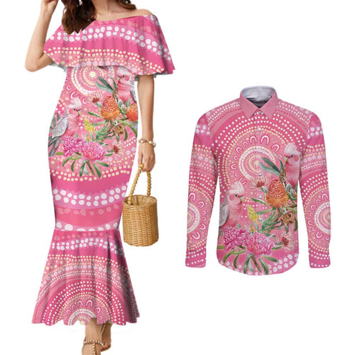 Personalized Pink Galah Aboriginal Dot Art Couples Matching Mermaid Dress and Long Sleeve Button Shirt Australia’s Breast Cancer Awareness - Aussie Hoodie