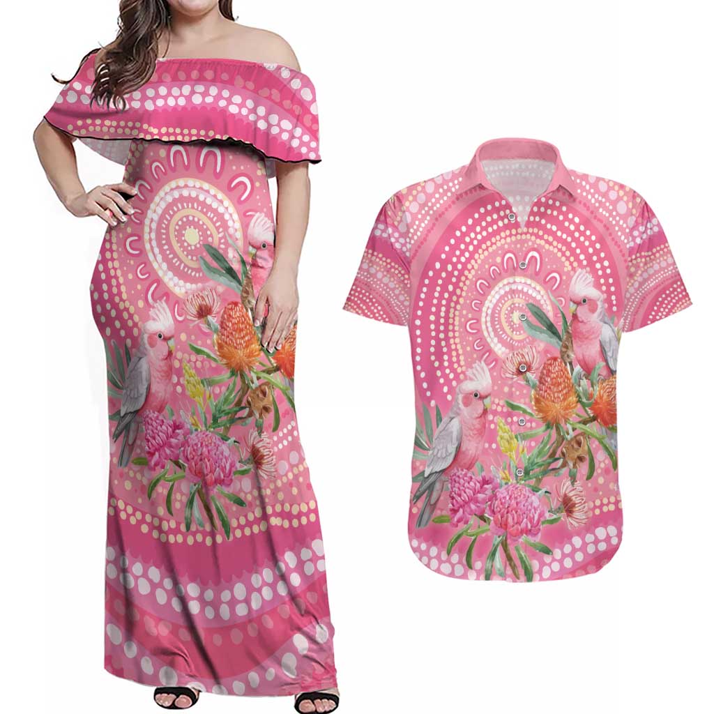 Personalized Pink Galah Aboriginal Dot Art Couples Matching Off Shoulder Maxi Dress and Hawaiian Shirt Australia’s Breast Cancer Awareness - Aussie Hoodie