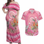 Personalized Pink Galah Aboriginal Dot Art Couples Matching Off Shoulder Maxi Dress and Hawaiian Shirt Australia’s Breast Cancer Awareness - Aussie Hoodie