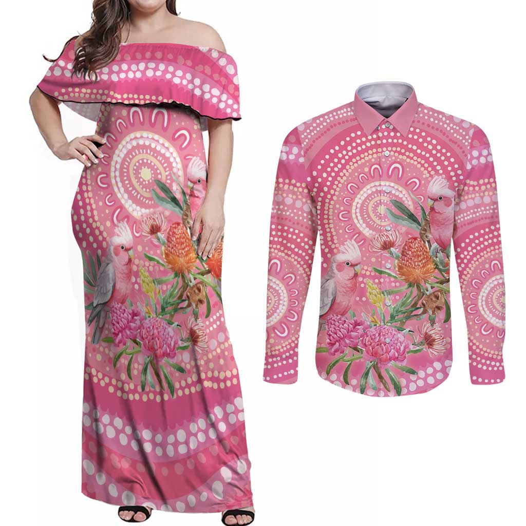 Personalized Pink Galah Aboriginal Dot Art Couples Matching Off Shoulder Maxi Dress and Long Sleeve Button Shirt Australia’s Breast Cancer Awareness - Aussie Hoodie