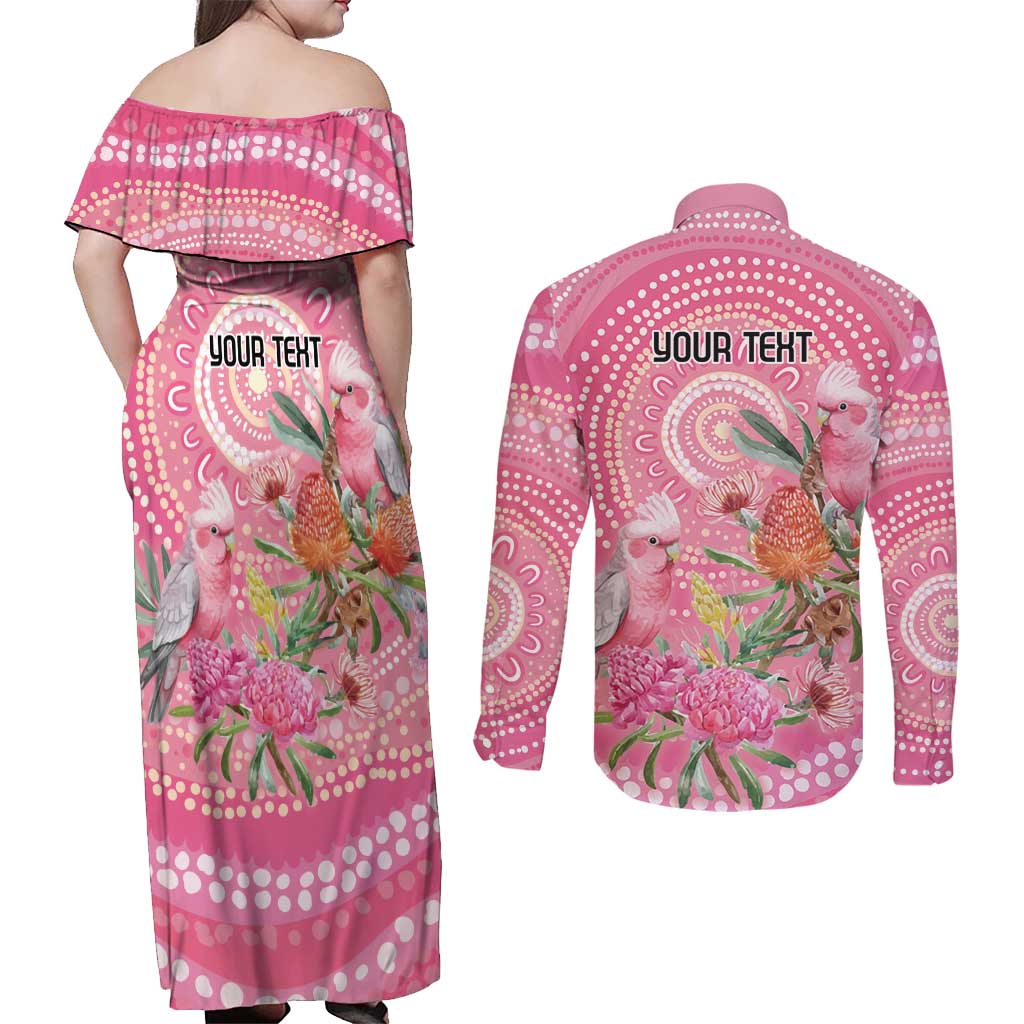 Personalized Pink Galah Aboriginal Dot Art Couples Matching Off Shoulder Maxi Dress and Long Sleeve Button Shirt Australia’s Breast Cancer Awareness - Aussie Hoodie