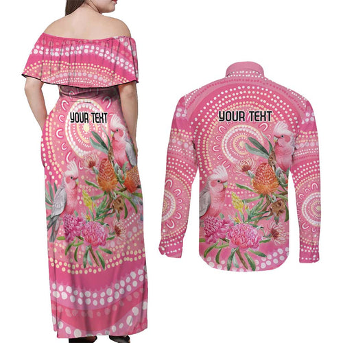 Personalized Pink Galah Aboriginal Dot Art Couples Matching Off Shoulder Maxi Dress and Long Sleeve Button Shirt Australia’s Breast Cancer Awareness - Aussie Hoodie