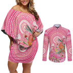 Personalized Pink Galah Aboriginal Dot Art Couples Matching Off Shoulder Short Dress and Long Sleeve Button Shirt Australia’s Breast Cancer Awareness - Aussie Hoodie