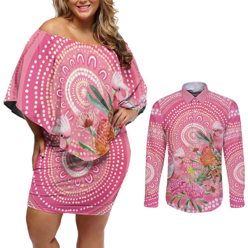 Personalized Pink Galah Aboriginal Dot Art Couples Matching Off Shoulder Short Dress and Long Sleeve Button Shirt Australia’s Breast Cancer Awareness - Aussie Hoodie