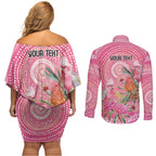 Personalized Pink Galah Aboriginal Dot Art Couples Matching Off Shoulder Short Dress and Long Sleeve Button Shirt Australia’s Breast Cancer Awareness - Aussie Hoodie
