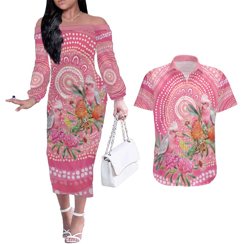 Personalized Pink Galah Aboriginal Dot Art Couples Matching Off The Shoulder Long Sleeve Dress and Hawaiian Shirt Australia’s Breast Cancer Awareness - Aussie Hoodie