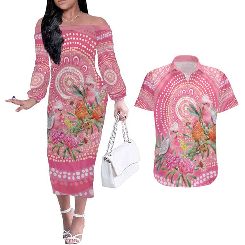 Personalized Pink Galah Aboriginal Dot Art Couples Matching Off The Shoulder Long Sleeve Dress and Hawaiian Shirt Australia’s Breast Cancer Awareness - Aussie Hoodie