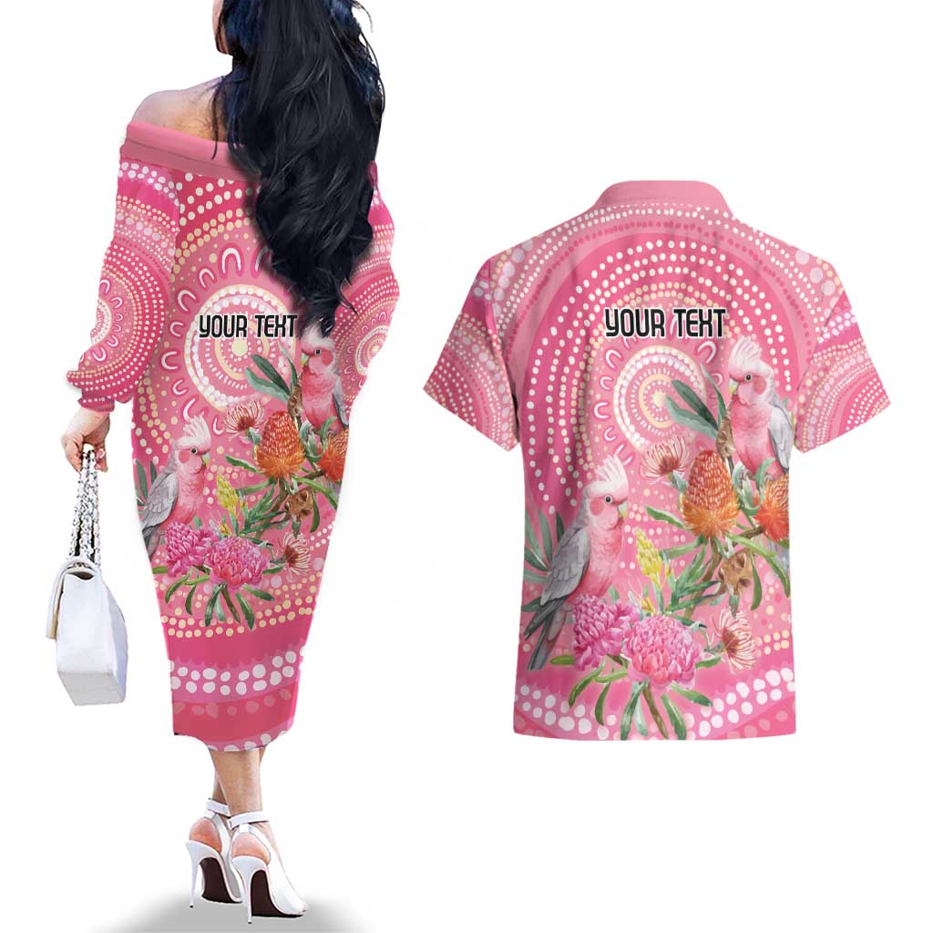 Personalized Pink Galah Aboriginal Dot Art Couples Matching Off The Shoulder Long Sleeve Dress and Hawaiian Shirt Australia’s Breast Cancer Awareness - Aussie Hoodie