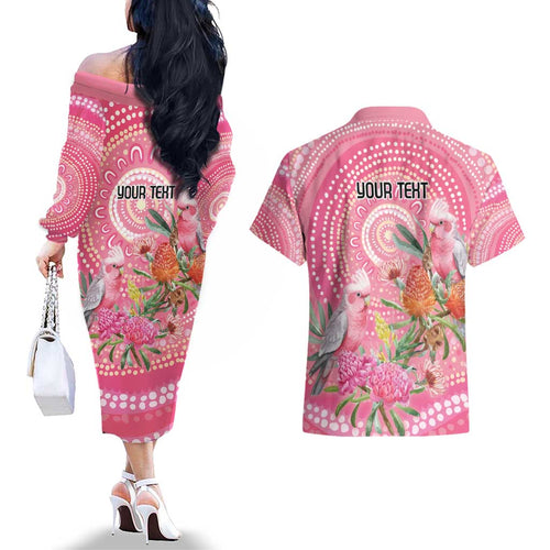 Personalized Pink Galah Aboriginal Dot Art Couples Matching Off The Shoulder Long Sleeve Dress and Hawaiian Shirt Australia’s Breast Cancer Awareness - Aussie Hoodie