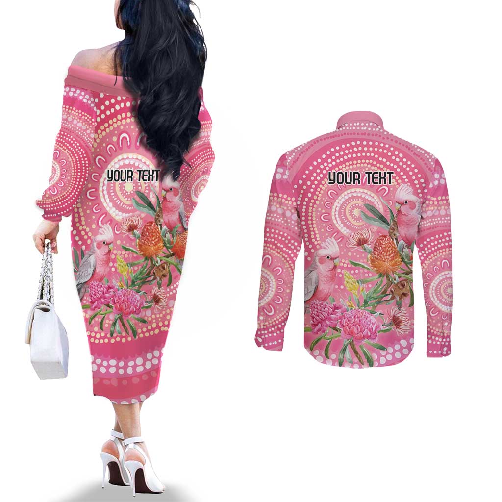 Personalized Pink Galah Aboriginal Dot Art Couples Matching Off The Shoulder Long Sleeve Dress and Long Sleeve Button Shirt Australia’s Breast Cancer Awareness - Aussie Hoodie
