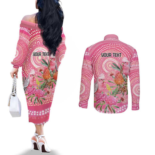 Personalized Pink Galah Aboriginal Dot Art Couples Matching Off The Shoulder Long Sleeve Dress and Long Sleeve Button Shirt Australia’s Breast Cancer Awareness - Aussie Hoodie